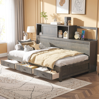 Sunvega Twin Size Wooden Daybed with 3 Storage Drawers and USB Ports
