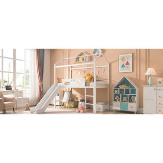 Sunvega Twin Size Metal Loft Bed with Slide and Two-Sided Writable Wooden Board