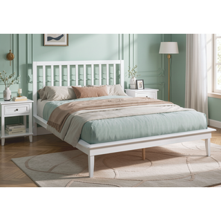 Sunvega Queen Size Platform Bed Frame with White Wood Legs and Sturdy Slats