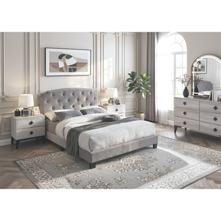 Sunvega Light Gray Burlap Button Tufted Headboard Full Size Bed with Nailhead Trim