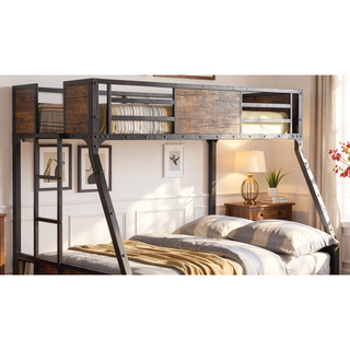 Sunvega Industrial Black Metal Bunk Bed With Wood Panels And Attached Ladder