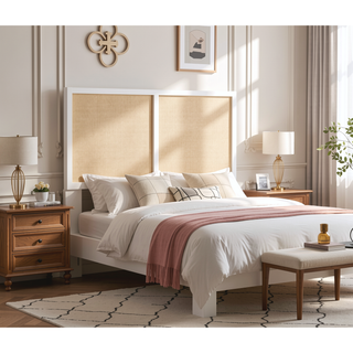 Sunvega White Painted Cane Panel Coastal Queen Full Headboard with Adjustable Height