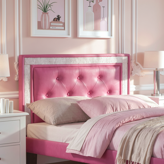Sunvega Pink Faux Leather Upholstered Full Size Bed with Tufted Headboard