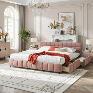 Sunvega California King Size Upholstered Bed with Storage Drawers and Soft Chenille Fabric Headboard