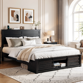 Sunvega Queen Bed Frame with Upholstered Headboard and LED Lighting Charging Station
