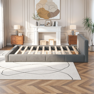 Sunvega Stylish Gray Upholstered King Bed with Faux Leather and Wood Frame