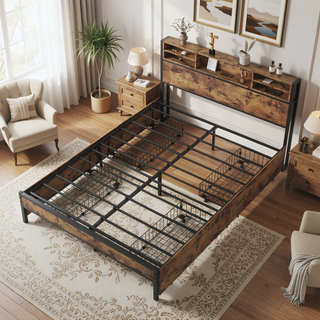 Sunvega Queen Bed Frame with Storage Headboard and 4 Drawers on Wheels