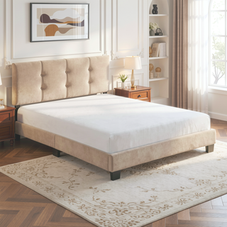 Sunvega Light Brown Velvet Upholstered Queen Platform Bed with Adjustable Height Headboard