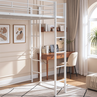 Sunvega Twin Metal Loft Bed with 2 Shelves and Desk for Study and Storage