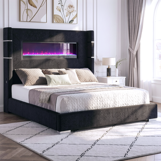 Sunvega Queen Size Upholstered Wingback Panel Bed with Black Corduroy and Flame Box