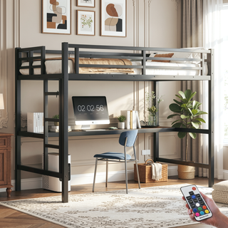 Sunvega Metal Twin XL Loft Bed with Desk, USB, LED Light, and Power Outlet