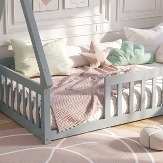 Sunvega Twin Tent Teepee Bed with Guardrails Slats and Door in Grey