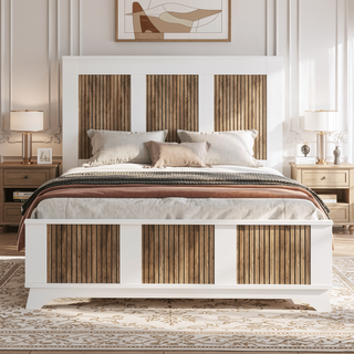 Sunvega White Farmhouse Queen Platform Bed with Wooden Strip Decoration and Plywood Slats