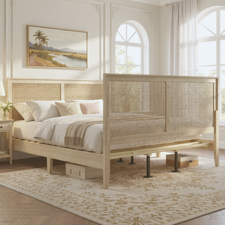 Sunvega Solid Wood Queen Bed Frame with Rattan Headboard and Silent Slats