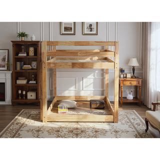 Sunvega Twin over Twin Floor Bunk Bed with Ladder and Strengthened Slats in Espresso