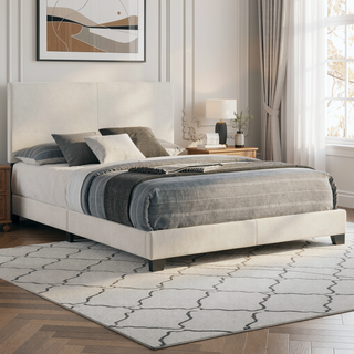 Sunvega Cream Upholstered Queen Bed with Padded Headboard and Black Wood Legs