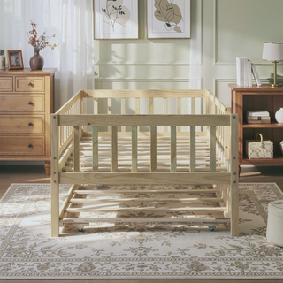 Sunvega Natural Twin Size Wood Daybed with Trundle and Fence Guardrails
