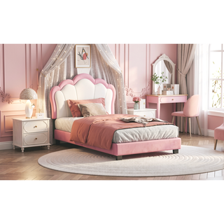Sunvega Cream Pink Full Size Princess Bed with Crown Headboard and Footboard