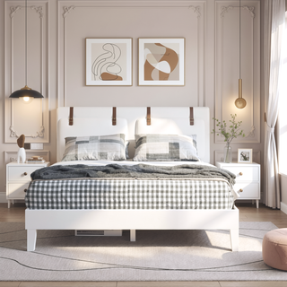 Sunvega Queen Platform Bed in White Crafted from Solid Pine with 28-Slat Support