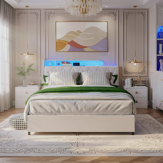 Sunvega Queen Bed Frame with Ergonomic Headboard Outlets Charger LED Light Storage