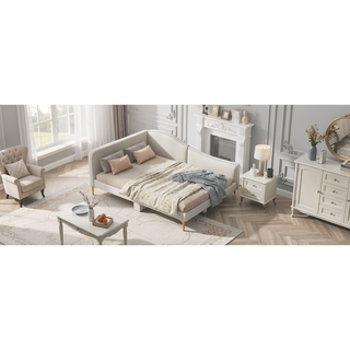 Sunvega Modern Upholstered Twin Daybed with Headboard Armrest Linen Fabric