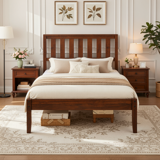 Sunvega Solid Pine Wood Platform Bed with Headboard and Slat Support Twin Walnut