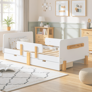 Sunvega Twin Size Solid Wood Platform Bed with Storage Drawers and Guardrail