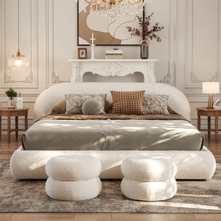 Sunvega Almond White King Upholstered Platform Bed with Arch Puffy Headboard