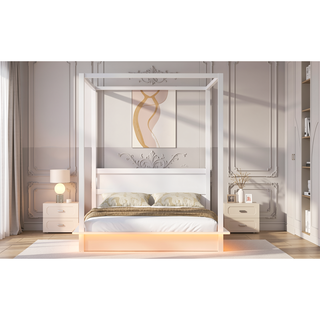 Sunvega Queen Size Wood LED Canopy Bed With Support Slats And Brushed Finish