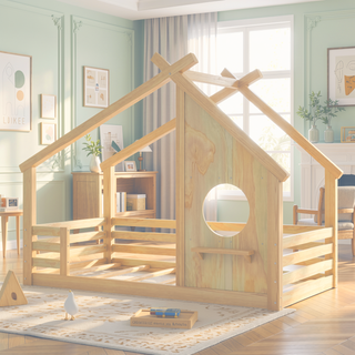 Sunvega White Twin House Floor Bed with Window and Shelf for Kids Room
