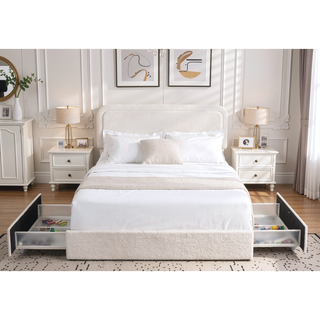 Sunvega Queen Size Ivory Boucle Upholstered Platform Bed with 4 Storage Drawers