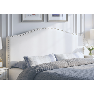 Sunvega Upholstered Queen Size Headboard with White Leather Look and Silver Trim