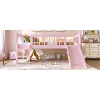 Sunvega Twin Loft Bed with Storage Shelves, LED Lights and Full Guardrails, Pink