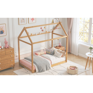 Sunvega Twin Size Gray Wooden House Bed with Eaves Design for Kids Room