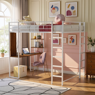 Sunvega Full Size Metal Loft Bed with Desk and 2 Shelves White
