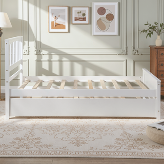 Sunvega White Twin Size Wood Platform Bed with Trundle for Maximized Space