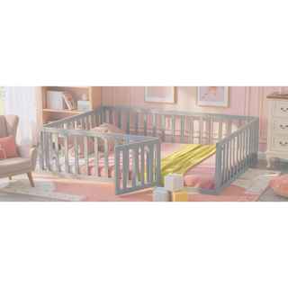 Sunvega Twin Size Wood Floor Bed Frame with Fence and Door in Walnut Finish