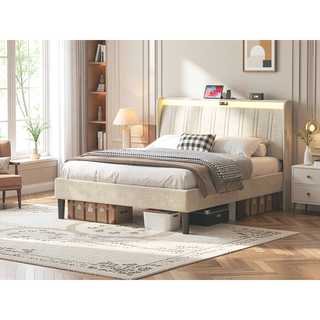 Sunvega Full Size Upholstered Platform Bed Frame with Headboard and USB Charging