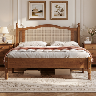 Sunvega Queen Size Wooden Platform Bed with Natural Rattan Headboard and Wooden Slat Support