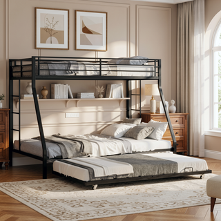 Sunvega High-Stability Square Tube Bunk Bed with Ladder & Rolling Trundle for Home Dormitory
