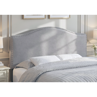 Sunvega Upholstered Grey Leather Look Headboard with Chrome Nailhead Trim for Full Size Bed