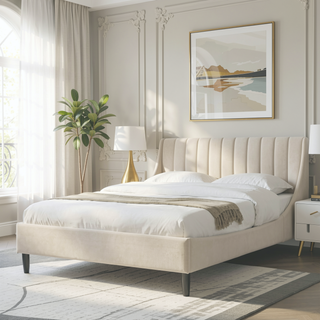 Sunvega Handmade Vertical Tufted Headboard Platform Bed Set in Light Beige Linen