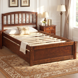 Sunvega Twin Size Gray Wood Platform Bed Frame with Trundle for Maximized Space