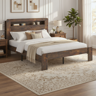 Sunvega King Size Wood Platform Bed Frame with Storage Headboard USB Charging and LED Light
