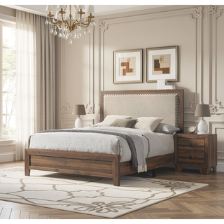 Sunvega Brown Cherry Finish Contemporary Fabric Panel Bed in One Box