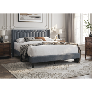 Sunvega Modern Charcoal Burlap Upholstered Queen Size Headboard with Diamond Design