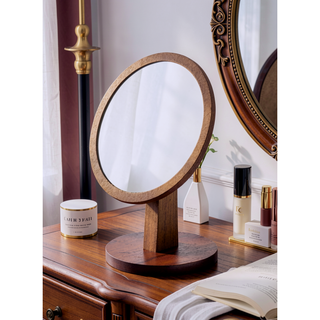 Sunvega 9.5 Inch Tall Walnut Finish Polyresin and Wood Pedestal Makeup Mirror