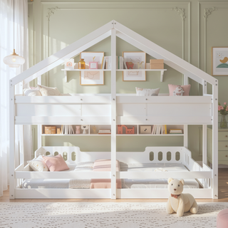 Sunvega Creamy White Twin Size House Platform Beds with Shelves and Guardrail