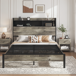 Sunvega Sturdy Single Bed Frame with Headboard Storage and Charging Station