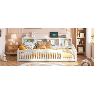 Sunvega White Wood Twin XL Floor Bed with Storage Cabinets and USB Charging Ports